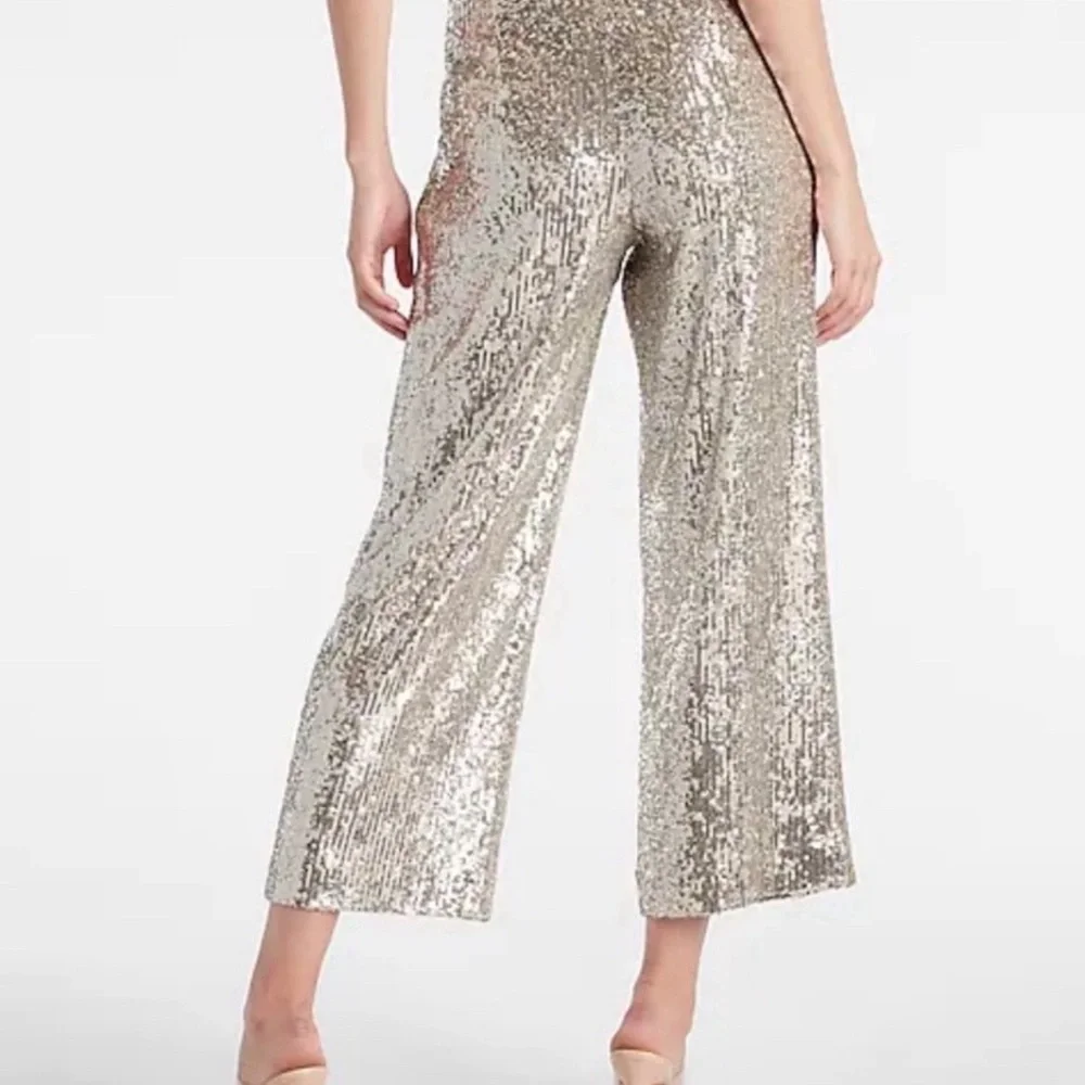 ♦️SOLD♦️EXPRESS Sequined Pleated High Rise Cropped Wide Leg Trousers Pants Sz M - Picture 2 of 16